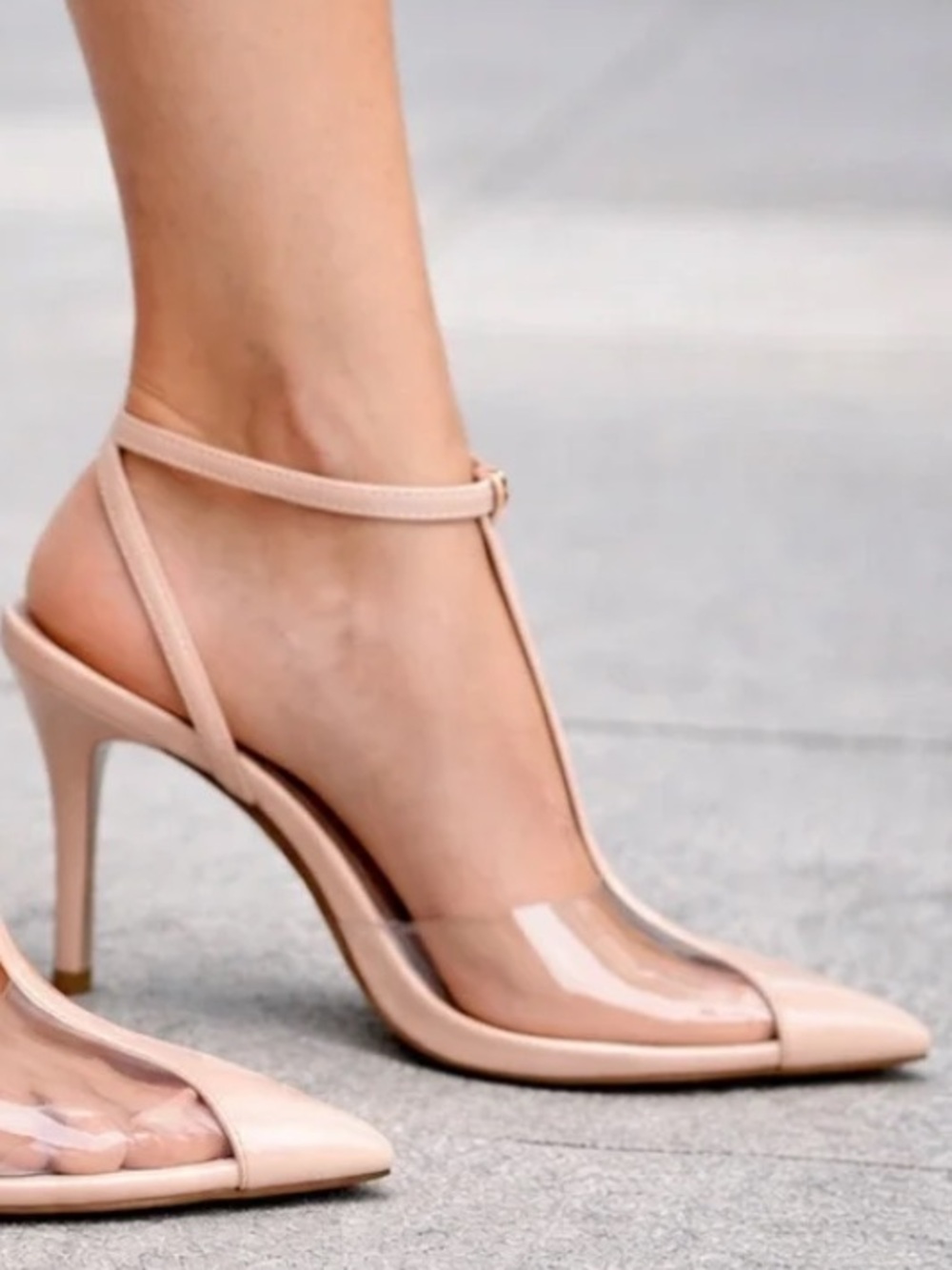 Zara T Strap Blush Nude Pointed Toe Ankle-Strap Heels with Clear Vamp Size 39 - Picture 5 of 11
